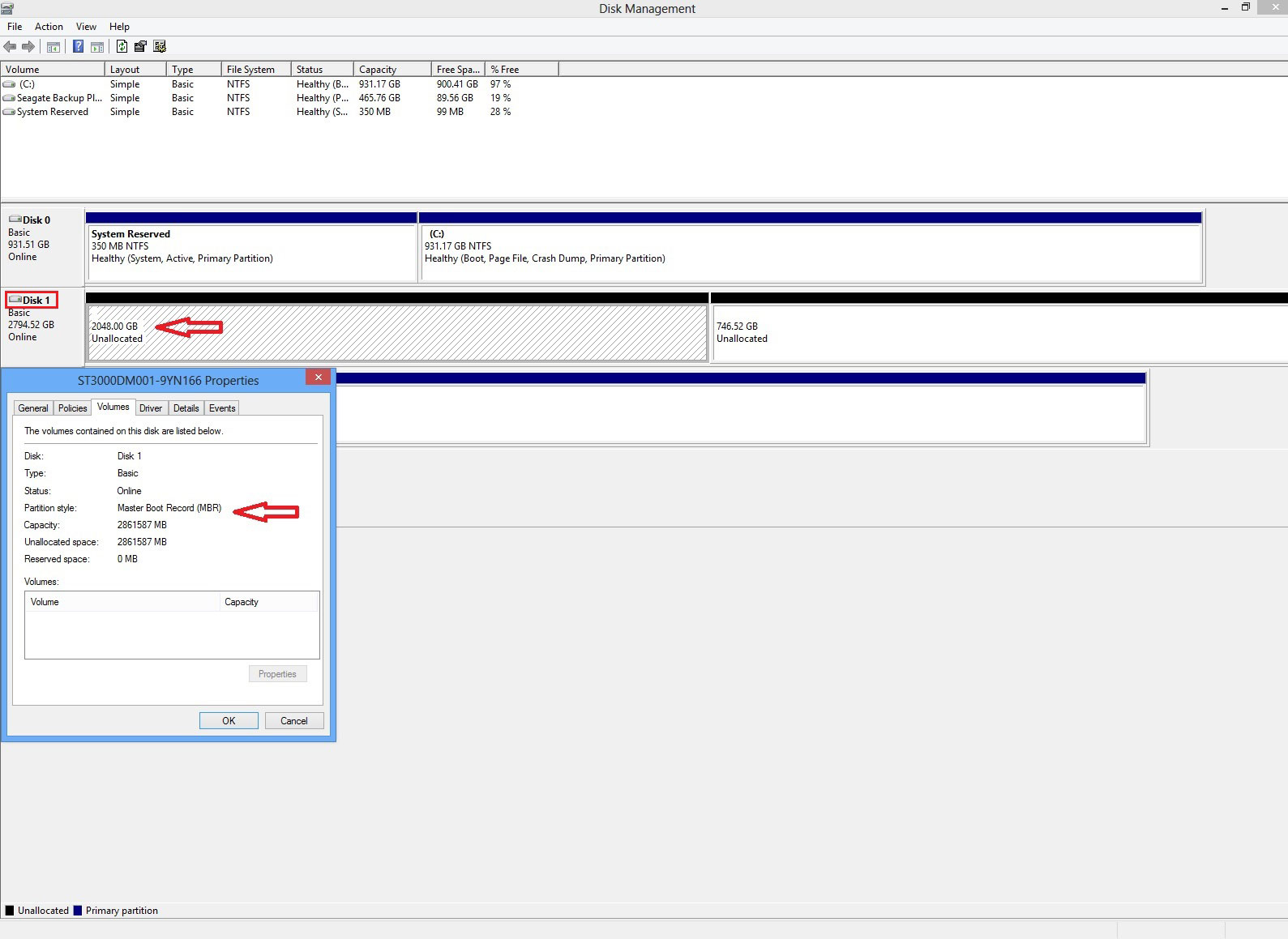 Shows disk management with a properties box open. Disk 1 is squared off and there is an arrow pointing to "2048GB Unallocated" and Master Boot Record