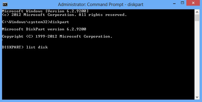 Shows the command prompt window and that I have typed "list disk"