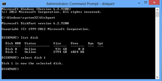 "Shows the command prompt window and displays that Disk 1 is now the selected disk "